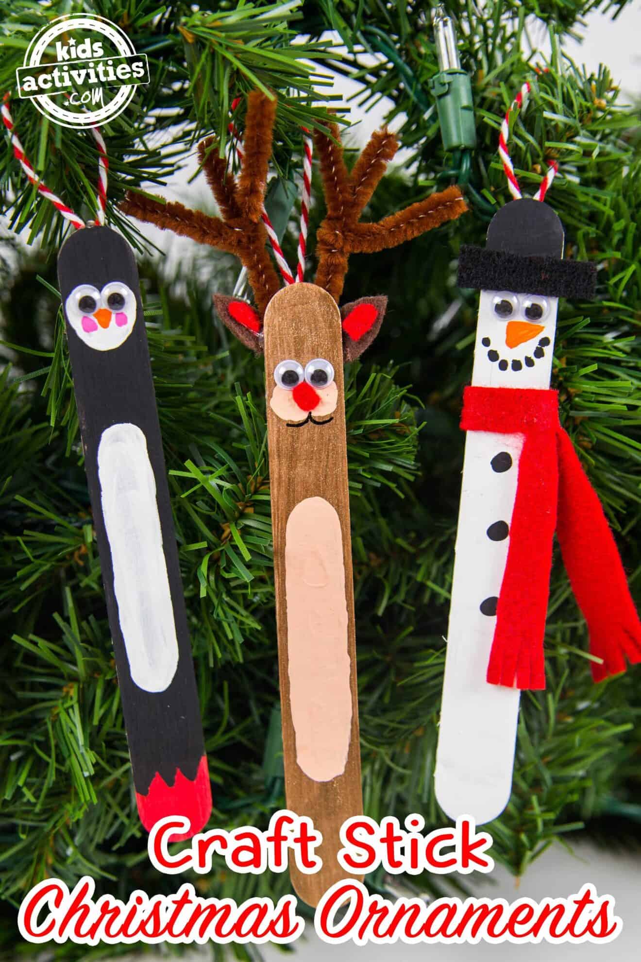 Craft Stick Christmas Ornaments Penguin Reindeer Snowman